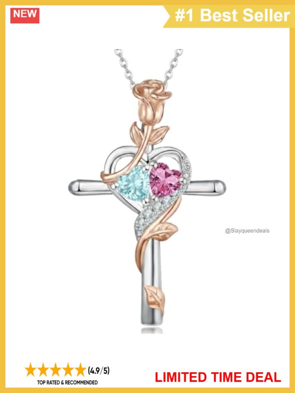 Birthstone Cross Necklace Rose Heart Pendant 18in Chain Women Jewelry Gift
